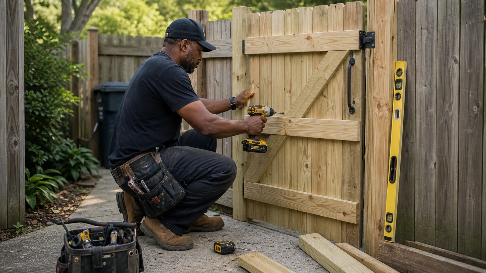 Stock-style photo of a tradesman repairing a wooden fence gate with a drill and level