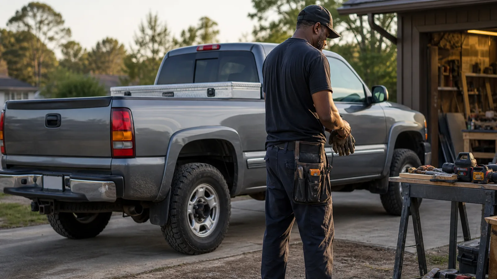 Stock-style photo of a tradesman beside a grey heavy-duty pickup and work tools